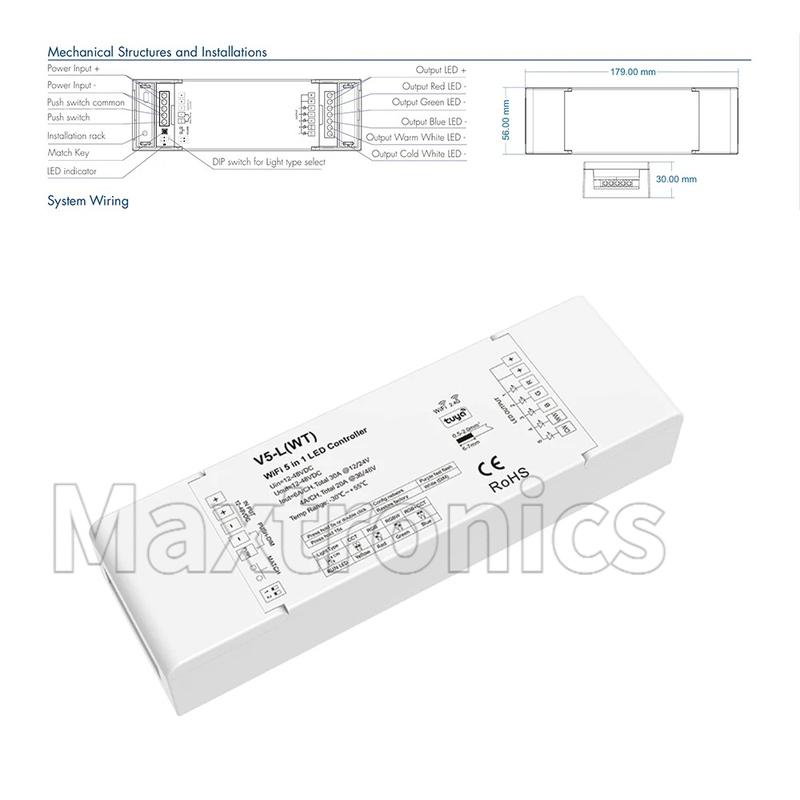 Skydance WiFi & RF 5 in 1 CV Controller V5-L(WT) (Tuya App) 5-Kanal*6A 12-48VDC für RGB RGBW RGB+CCT CCT Einzel-Farb-LED-Streifenlicht