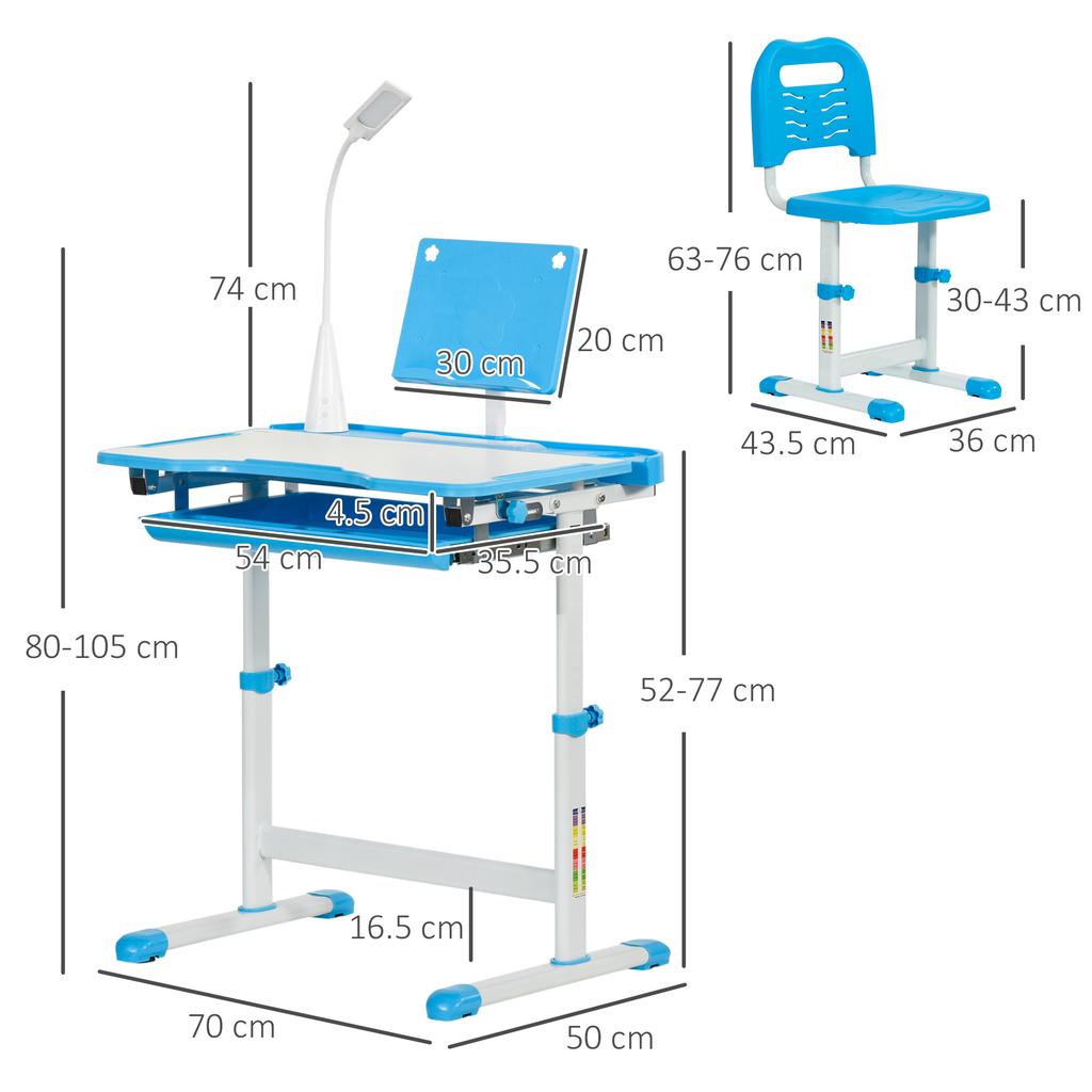 Scrivania e Sedia per Studio per Bambini con Altezza Regolabile, Contenitore, Cassetto, Blu