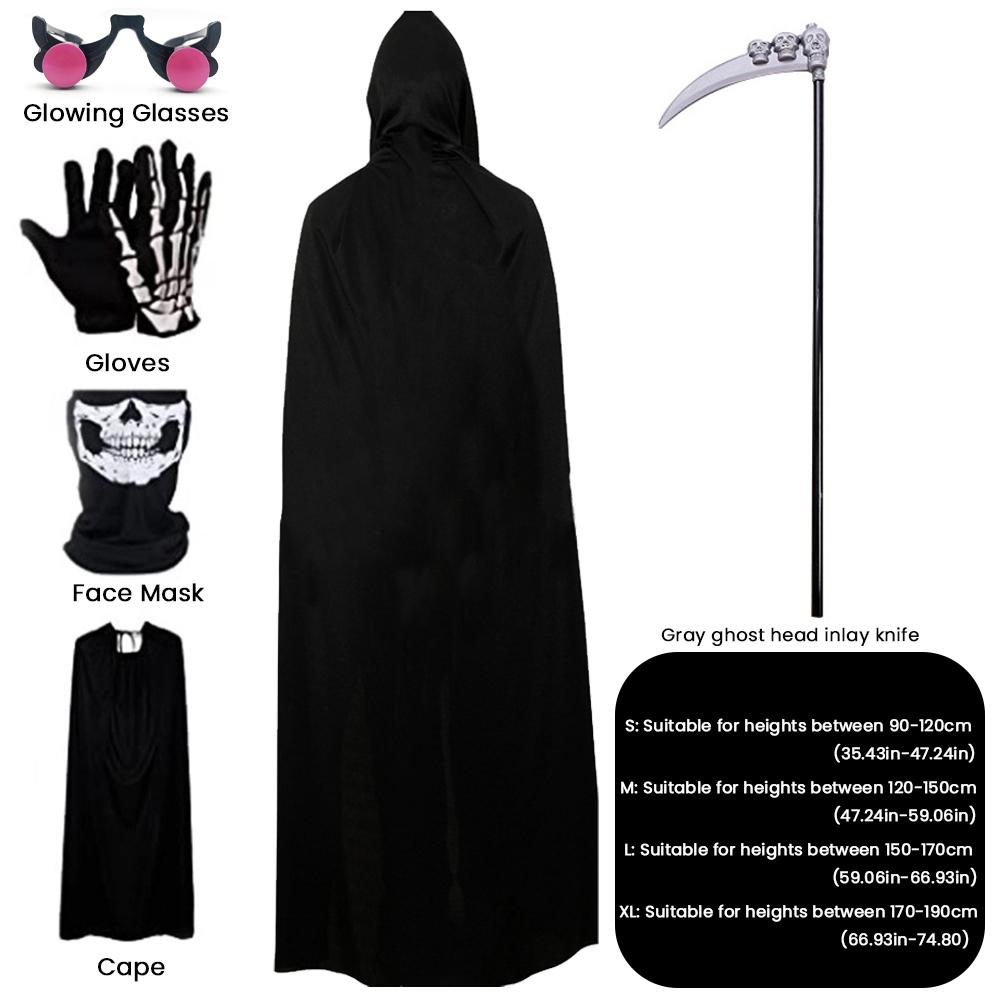 5PCS set Halloween Party Role Playing Kid Adult Death Black Cloak Halloween Skull Luminou Glasses/Mask Costume Prop Holiday Gift