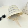 Summer Essential Striped Basin Hat with Knitted Hollow Out Design Foldable for Beach Sunshade