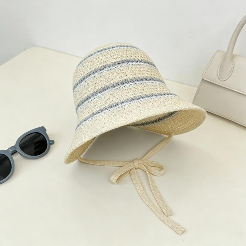 Summer Essential Striped Basin Hat with Knitted Hollow Out Design Foldable for Beach Sunshade