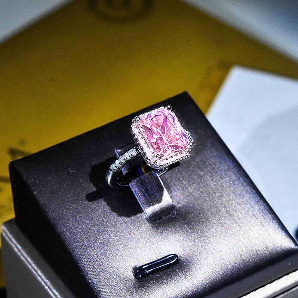 Eleganter Ring mit gelbem Diamantakzent, Prinzessinnenstil, rosa Kristall, offener Bandring, Verlobungsschmuck für Damen