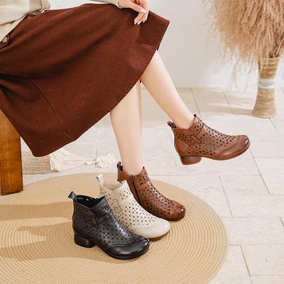 2025 Summer Retro Cut-Out Cowhide Ankle Boots with Chunky Heel and Soft Sole Sandals for Women