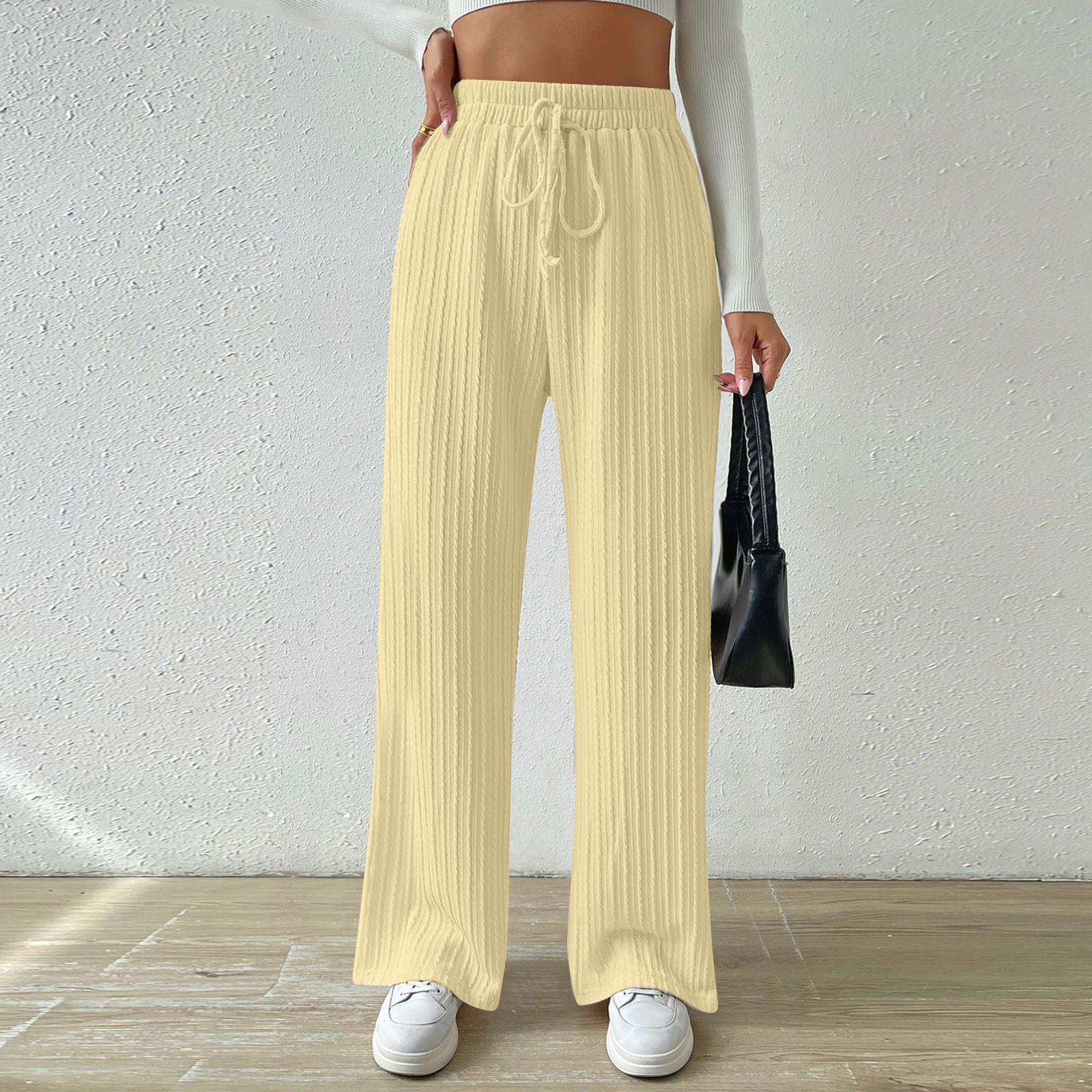 

Женские текстурированные вязаные широкие брюки, эластичные однотонные повседневные свободные брюки с высокой талией, прямые брюки L бежевый