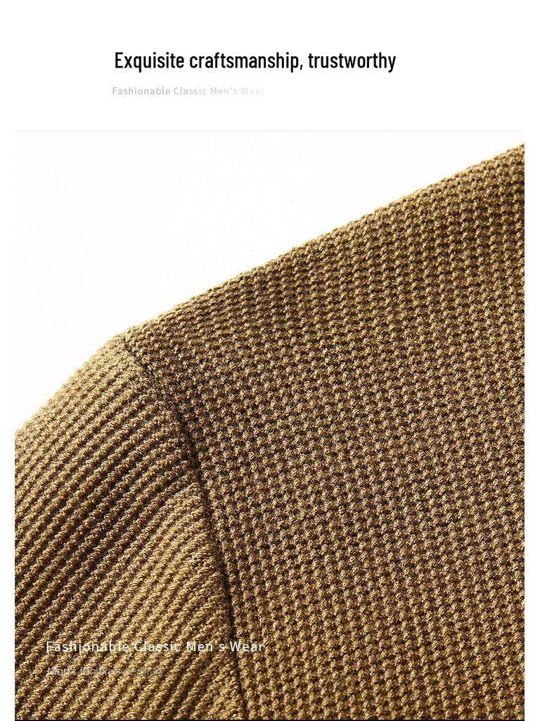 Men's Long Sleeve Round Neck Knit Sweater - Spring & Autumn Style, Fashionable Waffle Knit for Young and Middle-aged Individuals