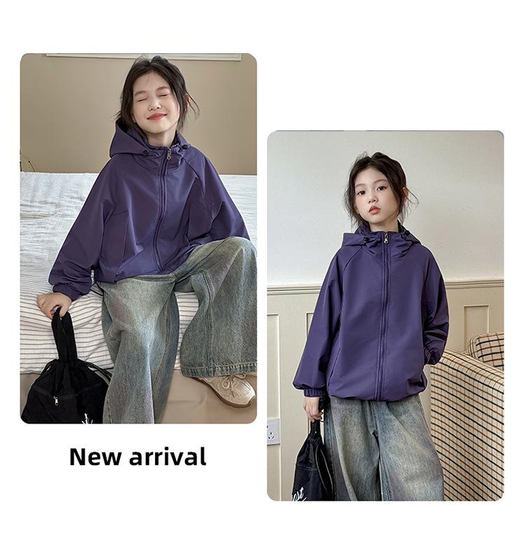 Girls' Sporty Hooded Windbreaker - Embroidered, Big Kids' Jacket for Autumn & Spring