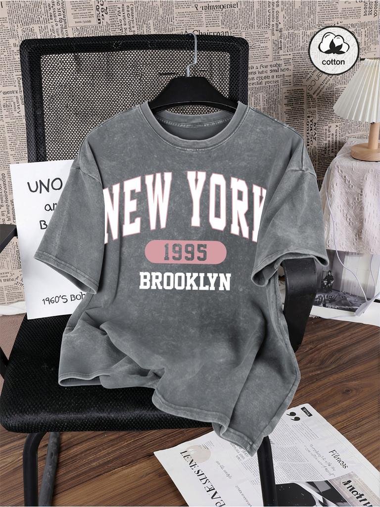 New York City Brooklyn Print Washed TShirt Mens Cotton Oversized T Shirts Casual Short Sleeve ONeck Tops Summer Male Tees