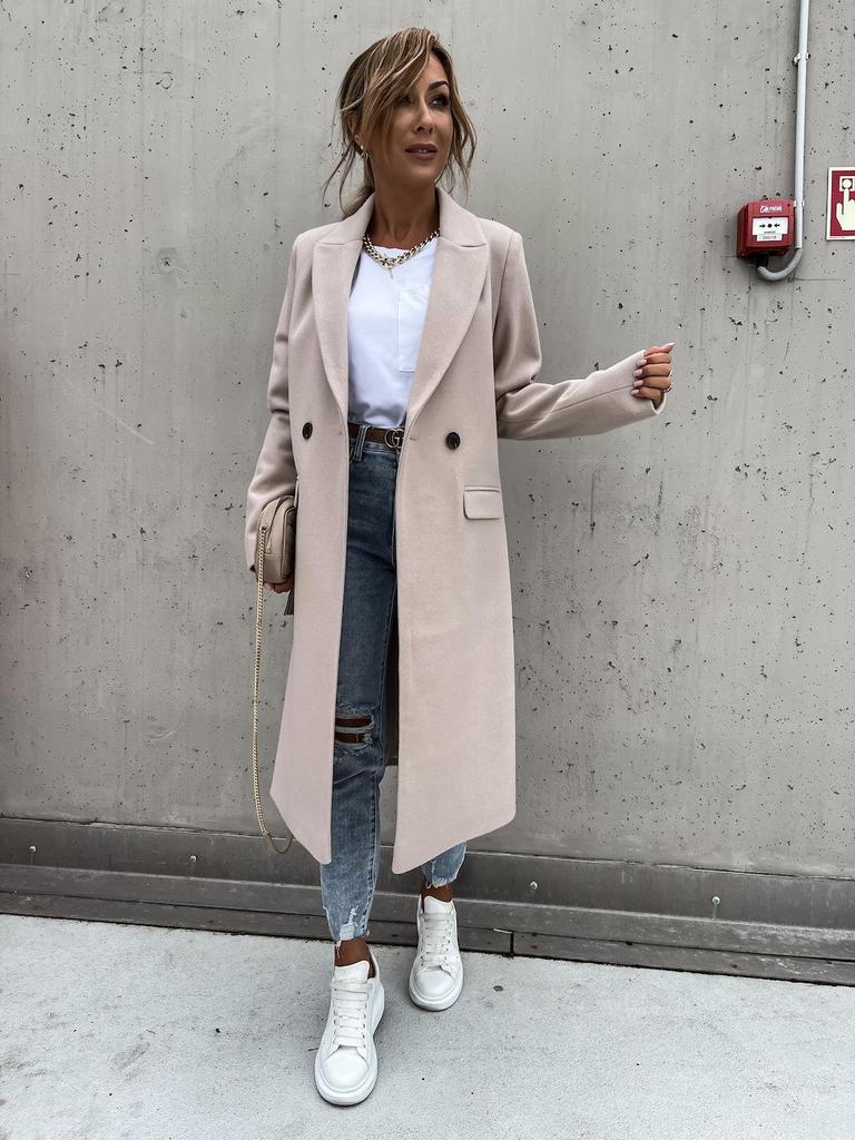 Women's Long Double Breasted Blazer Coat In Beige, Light Gray, Black & Off White with Notched Lapel