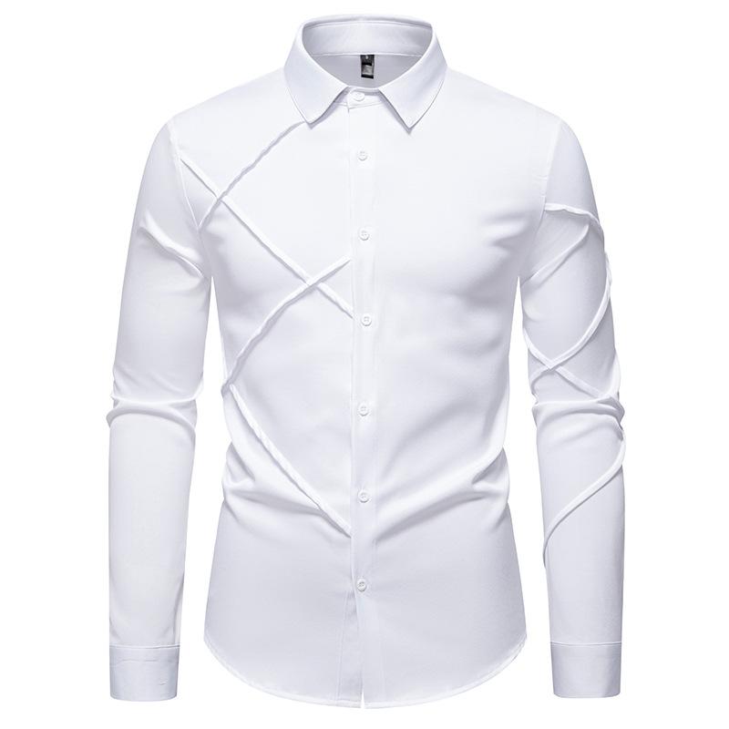 Autumn Men'S Solid Color Pleated Design Casual Long Sleeve Shirt Men'S Loose Shirt