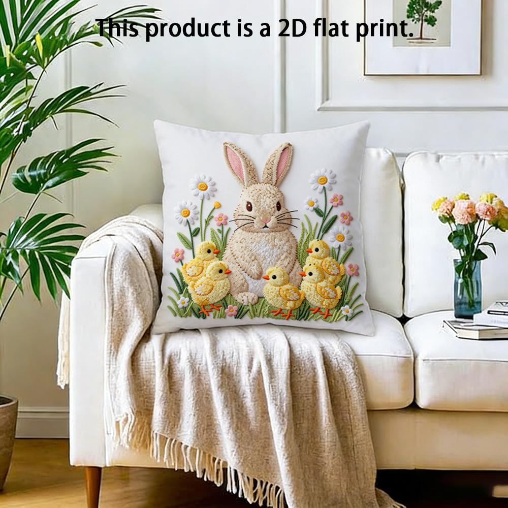 Easter Bunny Chicks Pillow Cover Faux Embroidery 2D Print Floral Spring Decor Soft Cozy For Sofa Bed Living Room Gifts