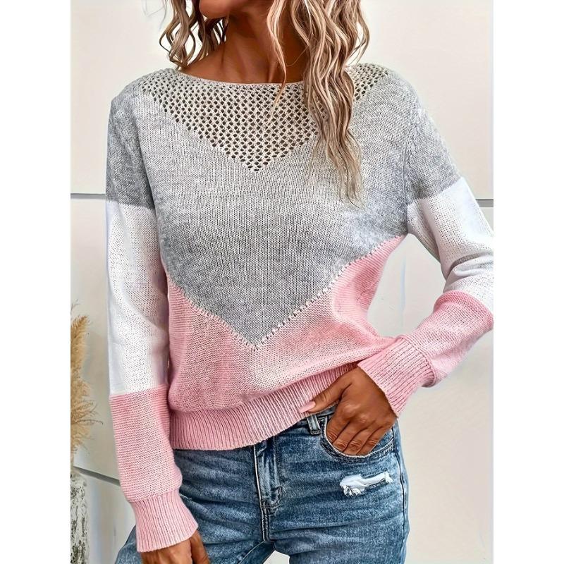 

Women S Casual V-Neck Knit Sweater, Color Block Polyester Pullover, 100g/m² Knit Fabric, Spring/Summer/Fall Fashion Top S