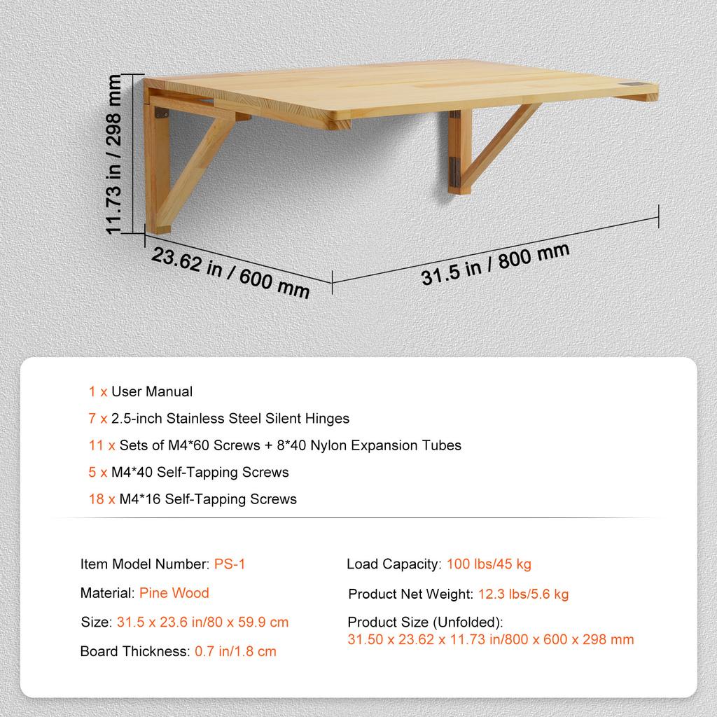 SucceBuy Wall Mounted Folding Table Wooden Floating Desk with Shelf Bracket Drop Leaf for Home Office Kitchen Bar Space-Saving