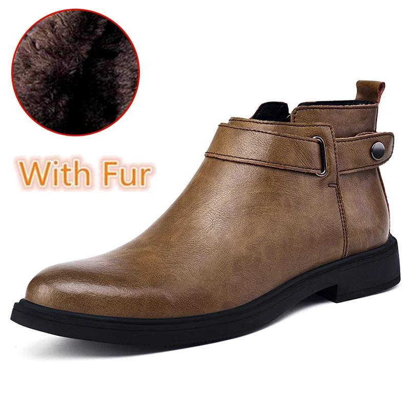 Genuine Leather Chelsea Men Boots Warm Plush Fur Winter Boots Man Soft Elastic Strap Ankle Boots Man Formal Business Dress Shoes