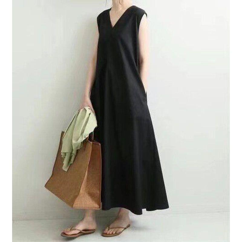 Japanese and Korean Summer Vest Dress, Simple Solid Color Mori Girl Long Dress, V-Neck Cotton and Linen Vest Dress Black S