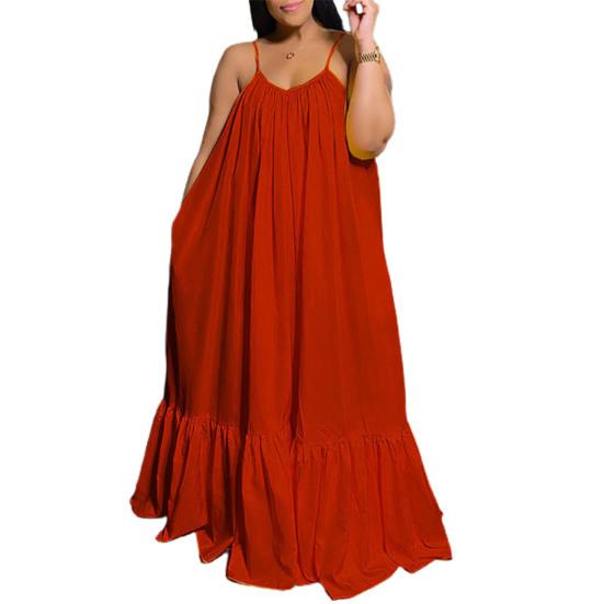 Maxi Dress Backless Casual Floor-length Solid Color Big Swing Strap Pocket Sling Dress for Beach