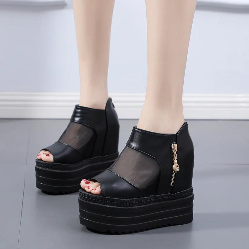 Fashion Women Platform Shoes Summer  New Fish Mouth Sandals Women Retro Platform Mesh Shoe High Heeled Sandals All Match Roman Shoe