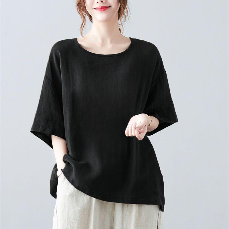 Casual Artistic Cotton Linen Women's T-Shirt Short Sleeves Vintage Top for Summer Plus Size Loose Fit Mother Clothing