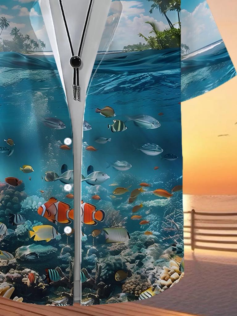 Herren Hawaiihemd mit Haifisch- und Fischmuster, kurzärmelig, Knopfleiste - Lockerer Kragen, Ganzkörper-Design mit tropischen Fischen und Korallenriff, Hawaii-Meeres-Thema für