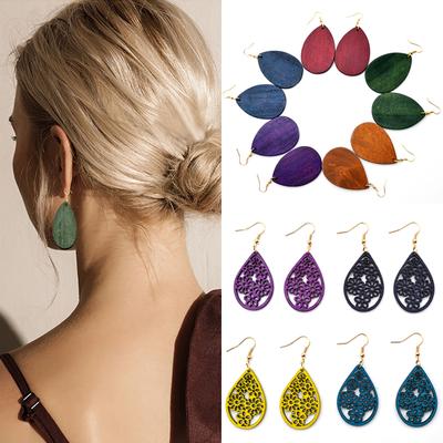 Exquesite 36 Colors Wood Hollow 1Pair Brown Women Girls Wedding Party Dangle Earring Organic Jewelry Gifts Water Drop African Beautiful Round  Supply