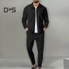 2Pcs/Set Men Autumn Suit Lapel Long Sleeve Zipper Placket Cardigan Elastic Drawstring Waist Long Pants Set Waffle Texture Casual Outfit