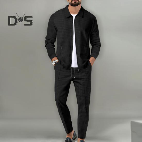 2Pcs/Set Men Autumn Suit Lapel Long Sleeve Zipper Placket Cardigan Elastic Drawstring Waist Long Pants Set Waffle Texture Casual Outfit