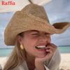 Modischer Atmungsaktiver Natürlicher Umweltfreundlicher Raffia-Sonnenhut Sommer-Strand Westliche Cowboyhüte Gekräuselter Rand Sonnenschutz Strohhüte