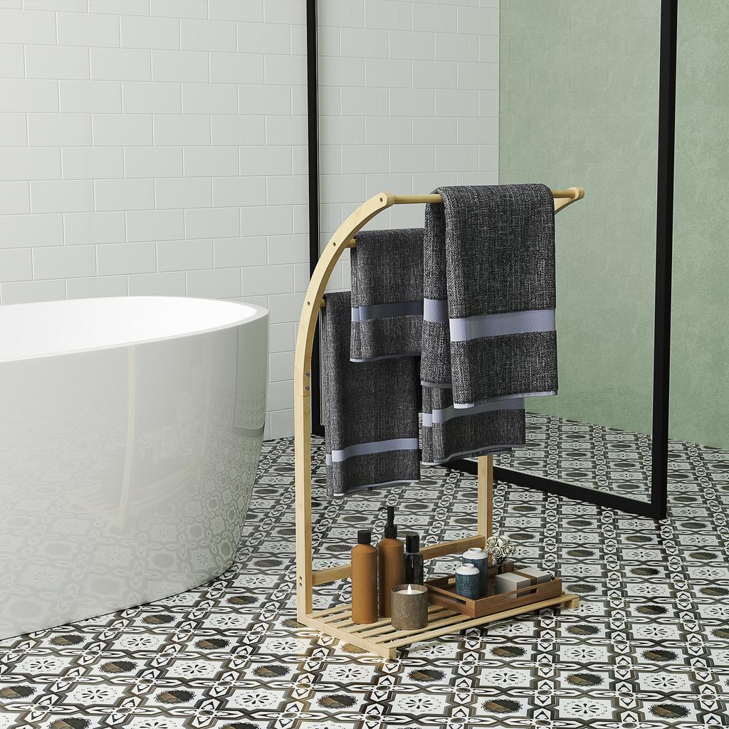 Bamboo Towel Rack 3 Bars With Storage Shelf For Bathroom And Laundry Natural Finish
