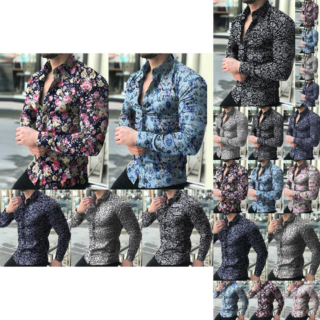 Stylish Men's Casual Long-sleeve Shirt With Trendy Floral Print And Slim Fit Design