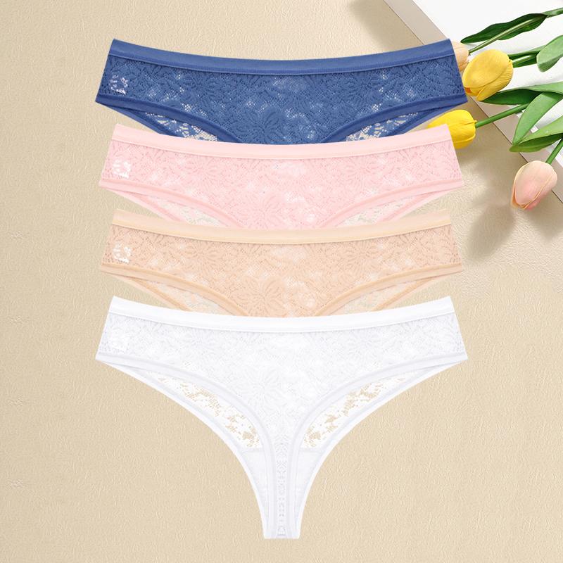 4Pcs Lace Hollow Out Thongs Underwear Women Floral Print Panties Sexy Low-Waist G-String Girls Soft Perspective Lingerie