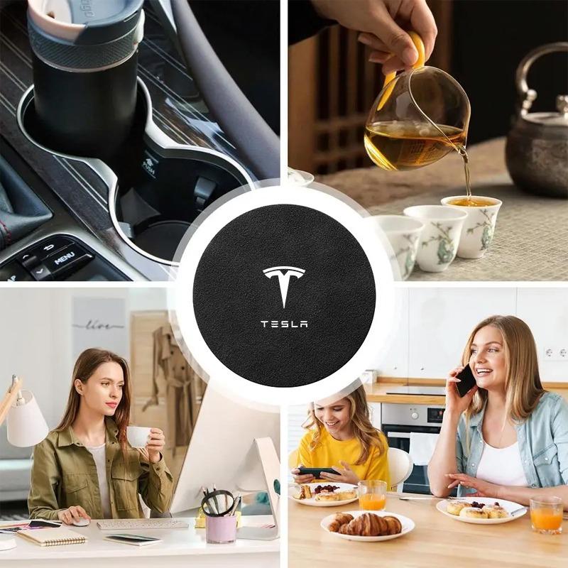 Leather Car Water Coaster Non-Slip Mat Car Bottle Holder Insert Pad For Tesla Model S Model X Model Y Cybertruck Model 3 Model Y