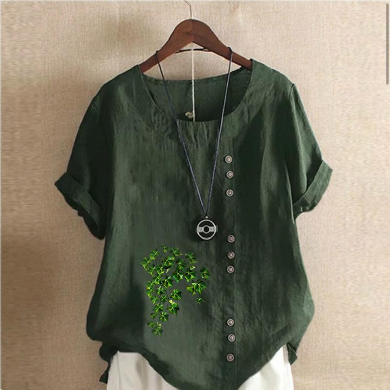 Women's Fashion Round Neck Short Sleeve T-shirt Casual Cotton Linen Graphic Shirt Leisure Loose Green Plants Prined Summer Blouse Tops
