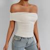 New In Spring, Pure and Simple Single Shoulder One-word Collar, Off-shoulder Shrink-pleated Short Waist Top