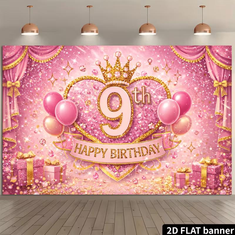 2D Roségold Glitzer 9. Geburtstag Party Hintergrund, Prinzessin Thema Hintergrund Dekoration
