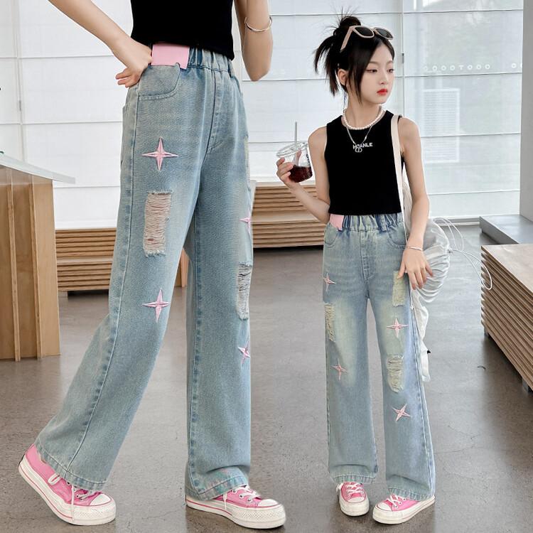 Girls' Wide Leg Pants Girls' Jeans Straight Leg Children's Ripped Jeans Spring and Autumn Styles