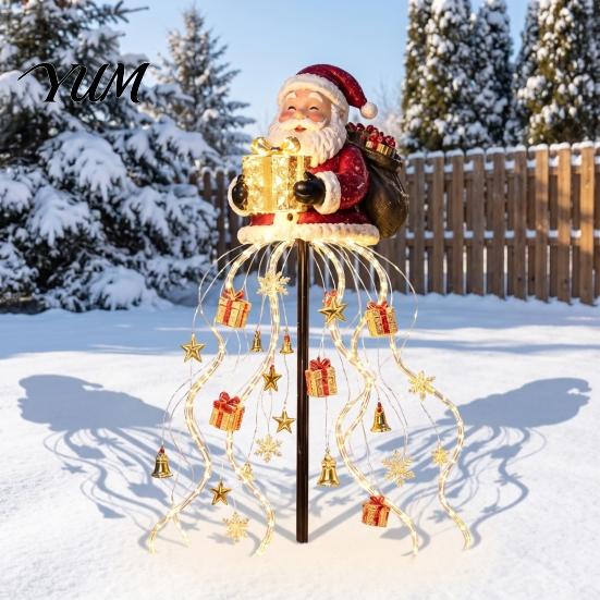 Decorative Porch Holiday Lighting Solar Santa Claus Christmas Garden Light, LED Holding Gift Box Yard Stake Weather Resistant Lawn Decor with