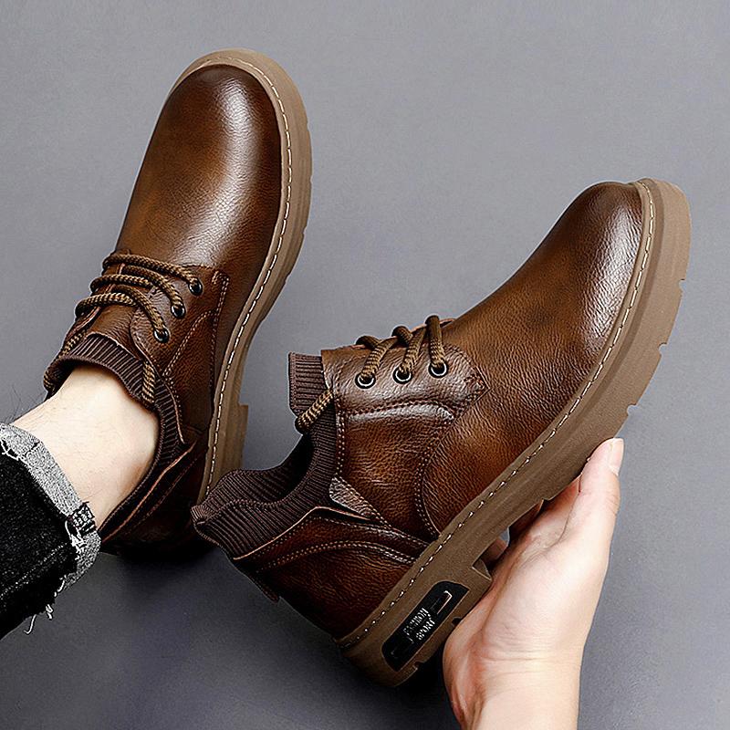 Retro Ankle Oxford Shoes Genuine Leather Men Thick Soled Boots  Boots Lace Up Outdoor Motorcycle Boots Business Sneakers Botas
