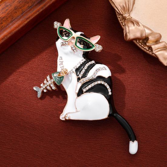 Brosche Funkelnde Strass Katze Brosche Anstecknadel mit Grüner Sonnenbrille Fisch Anhänger Öltropfen Emaille Tier Abzeichen