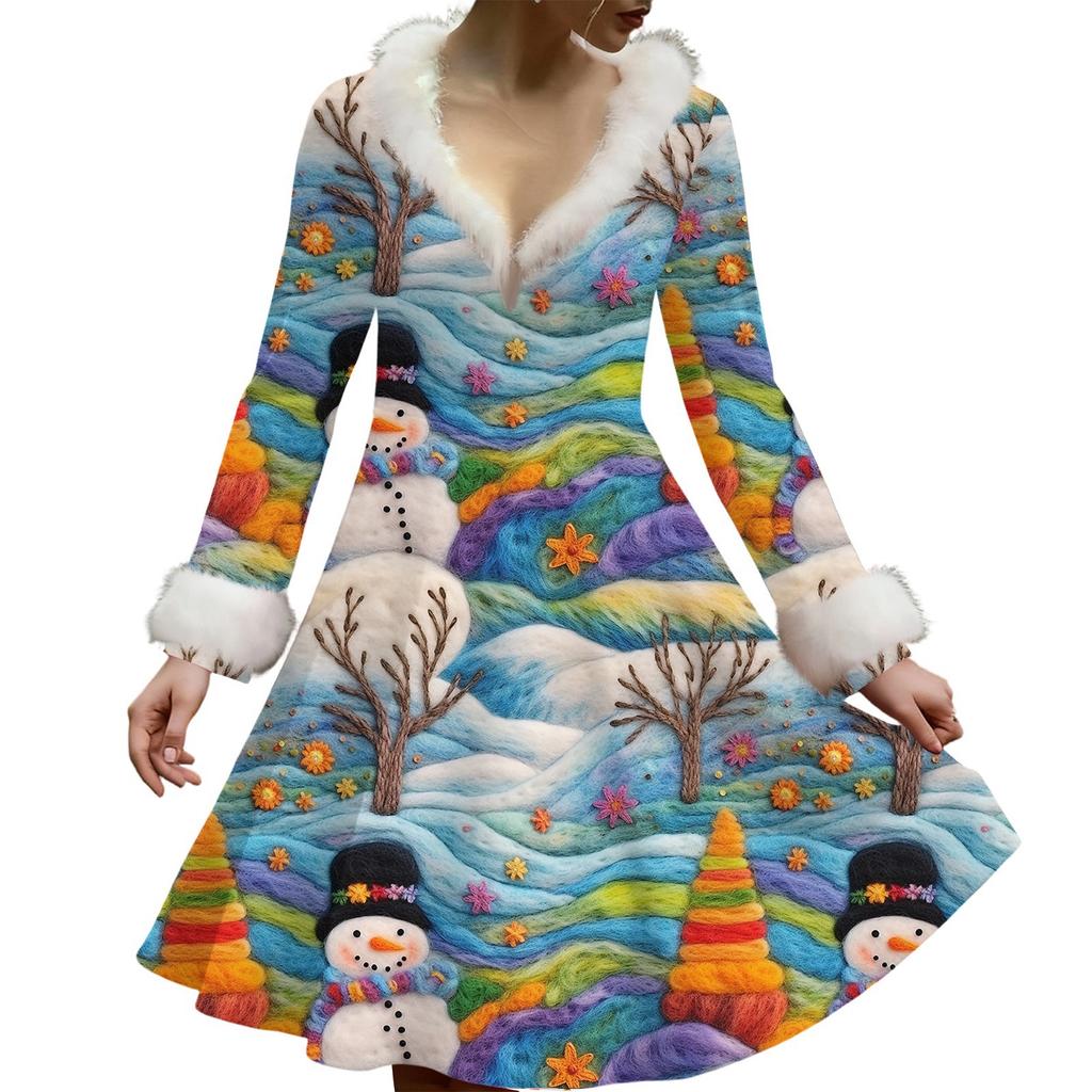 Women's Casual V-neck Christmas Print Plush Long-Sleeve Casual Dress