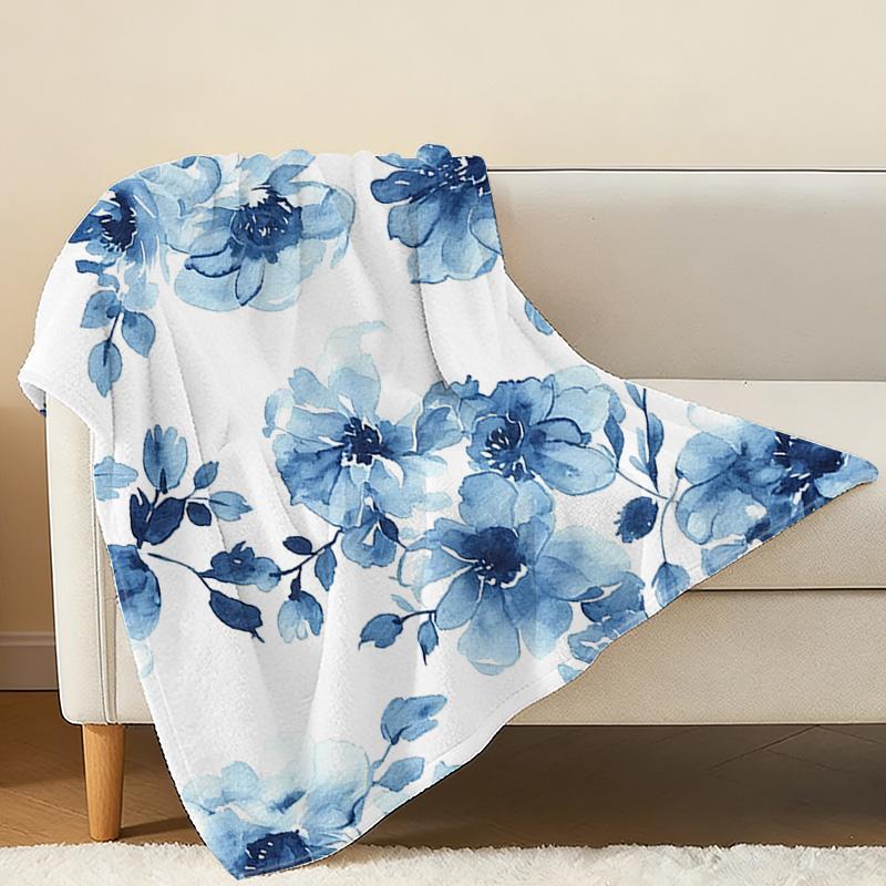 Soft Flannel Fleece Blanket, Blue Floral Pattern Machine Washable, Warm Cozy Throw for Home, Office Napping, Christmas & Halloween