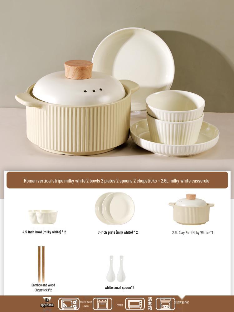 Japanese-Style Milk White Dishware Set: Creative Double-Handle Soup Bowl, Rice Bowl, Plate, and Vegetable Plate.