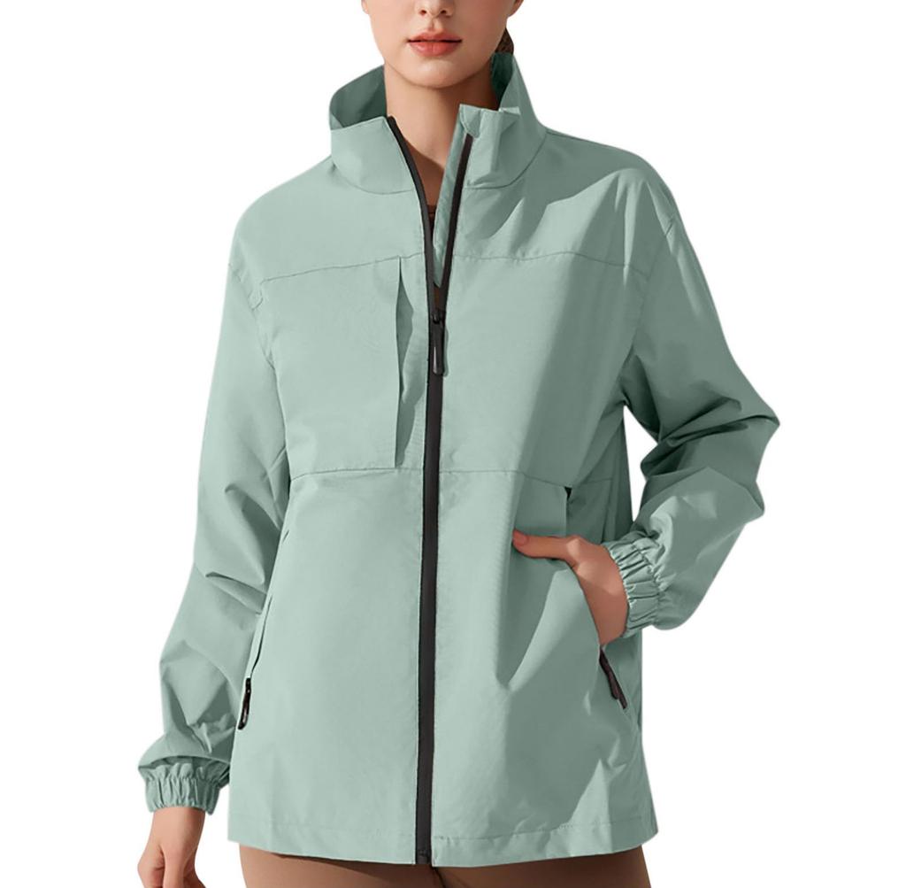 Giacca antipioggia da donna a righe solide Outdoor Plus Impermeabile con cappuccio impermeabile antivento