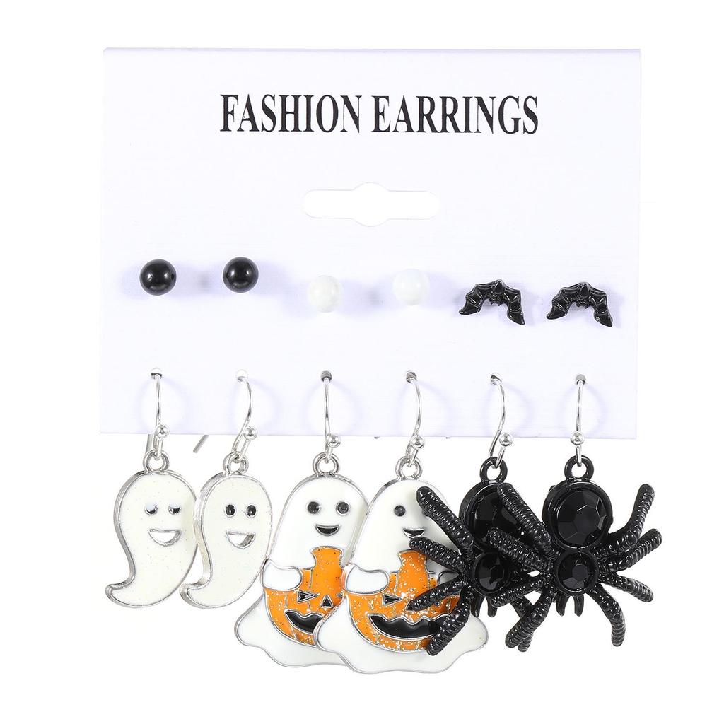 Cross-Border Halloween Earrings Set: Ghost, Pumpkin, Witch, Skeleton, Spider, Black Cat, Bat, Spider Web Ear Studs