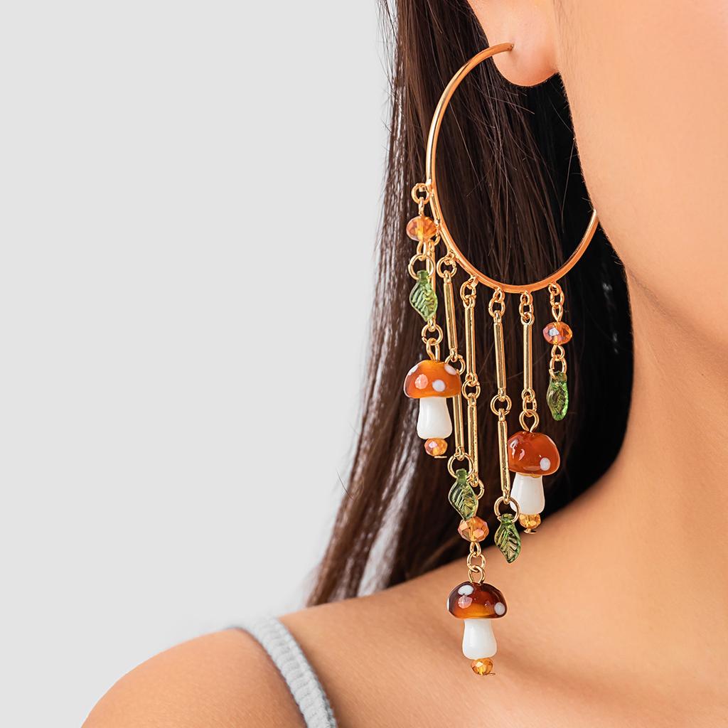 Accessories Mori Style Mushroom Leaf Earrings, Exaggerated Large Earrings, Cherry Pendant, Fringed Earrings.