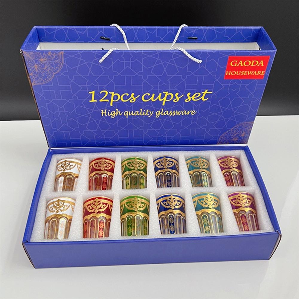 

12-piece set, Colored Moroccan Tea Cup, Light luxury gold stamping glass cup, Arabic Restaurant Tea Mug, Home glass water cup 180ml