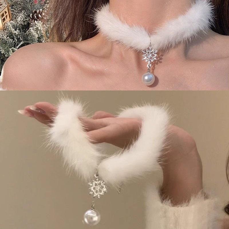 

Korean Sweet Feather Plush Snowflake Choker for Women Fashion Snowflake Pearl Necklace Wedding Party Jewelry Gifts Black White белый