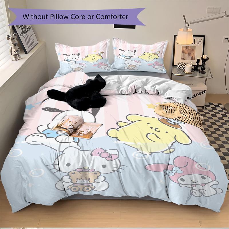 

3pcs Pom Pom Purin Hello Kitty Pochacco My Melody Print Cover Set Ultra Soft, Breathable, and Comfortable Bedding with Stylish Design for Bedroom 135x200cm
