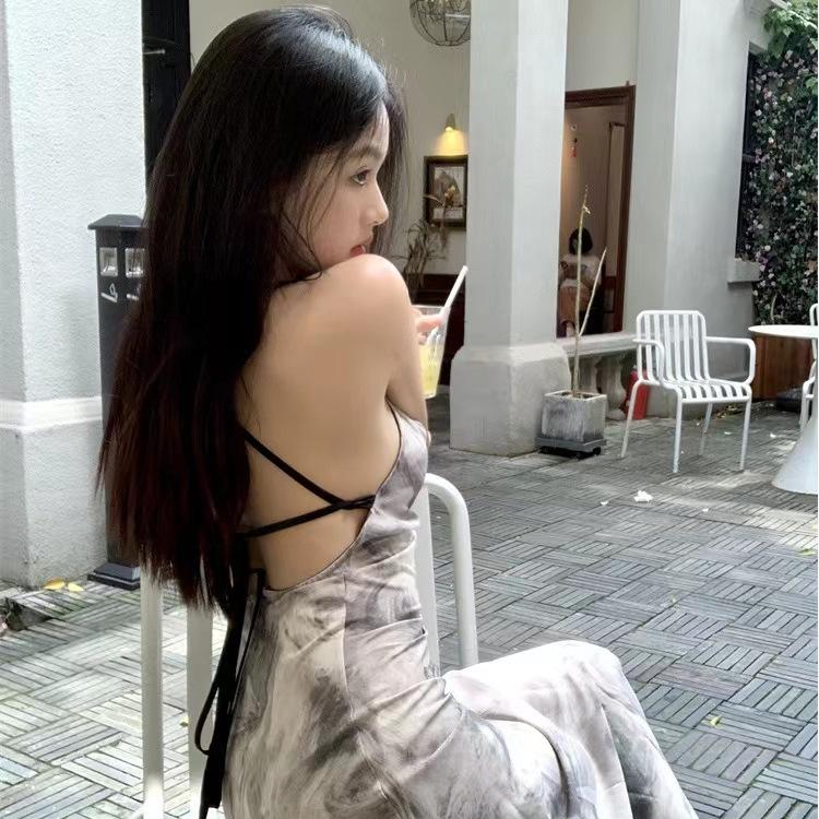 Foreign-style Ink Painting Tie-dye Neck Suspender Skirt Summer New Backless Holiday Wind Belt Dress