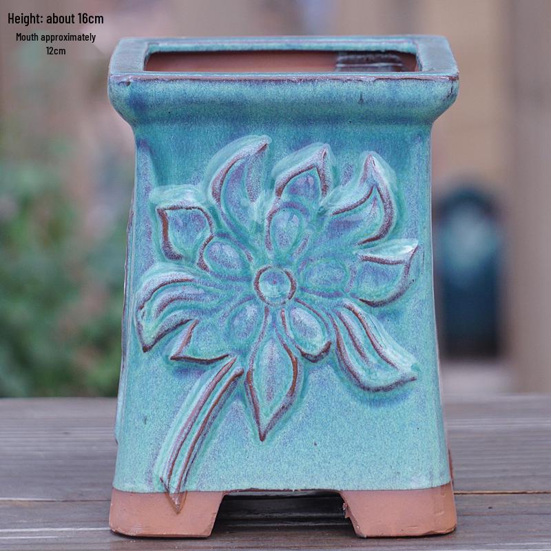 Creative Handmade Coarse Pottery Terracotta Pot - Large Square Glossy Glazed Planter with Low Breathable Rim for Succulents and Pothos