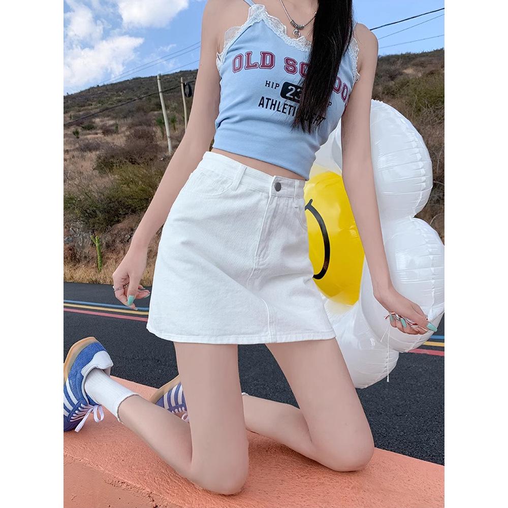 Women's High Waist White Denim Midi Skirt - Summer 2025 A-Line Bodycon Skirt with Anti-Exposure Design