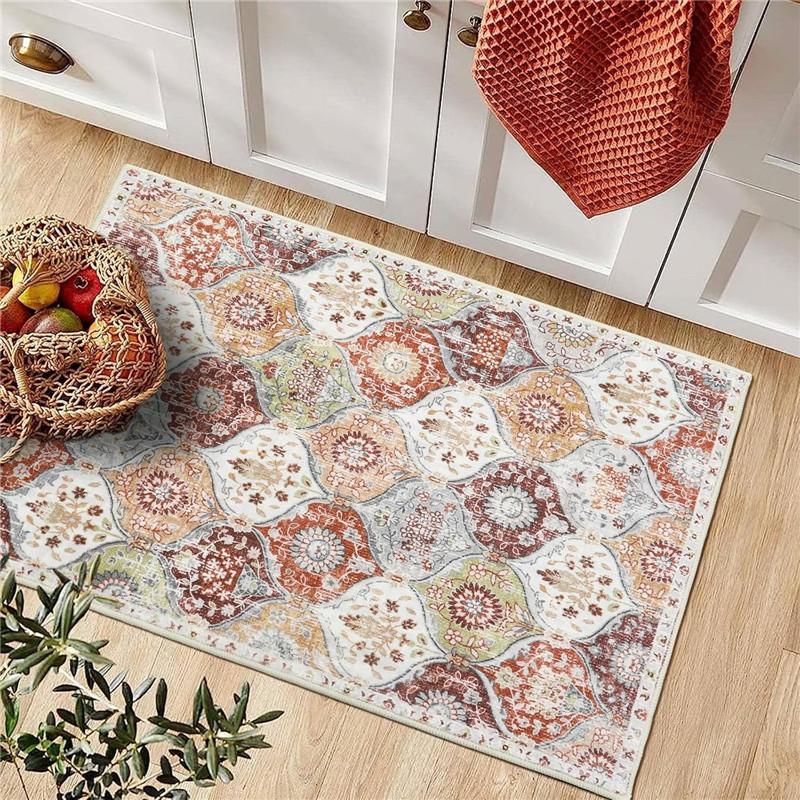 Covor Lavabil Moroccan Trellis 2x1.4m Covoare de Baie Antiderapante Covoraș de Interior pentru Ușă Covor Oriental Mare pentru Dormitor Intrare Covoraș de Rugăciune Crem/Multi